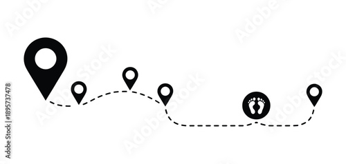 Pointer and footstep icon vector, travel route navigation, dotted track, map arrow and road path design.