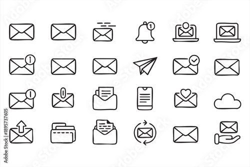 Black and White Email Line Icons for Apps and User Interfaces