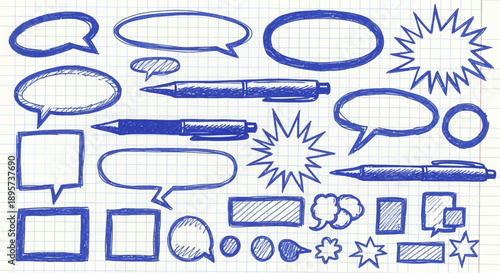 Hand-Drawn Speech Bubbles and Pens on Grid Paper