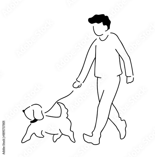 犬と散歩中の男性の線画イラスト