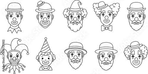 Set of black and white thin line icons featuring various clown faces, circus performers, jesters, and mimes with different hats and makeup styles for entertainment and carnival design.