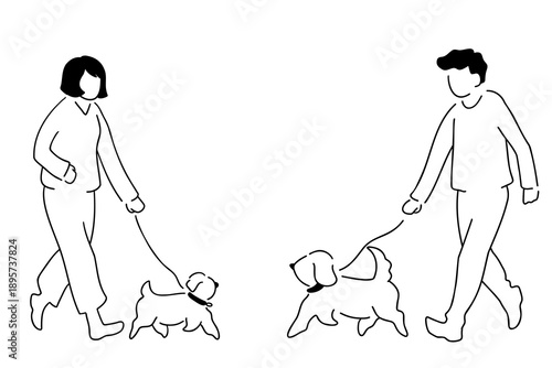 犬と散歩する人々の線画イラスト