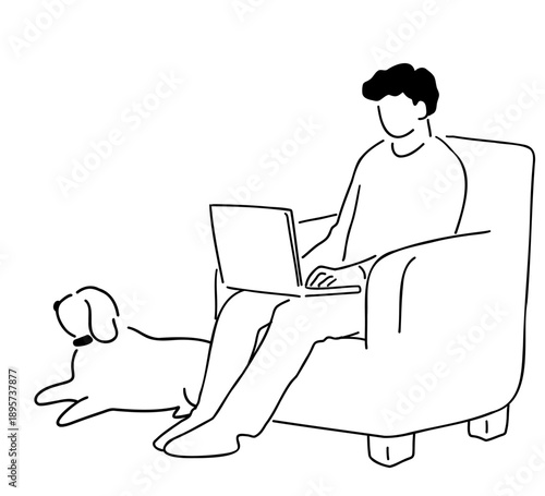 ソファに座ってパソコンをする男性のそばに犬が座る線画イラスト