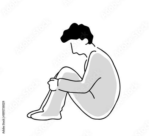 膝を抱える男性の線画イラスト
