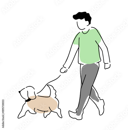 犬と散歩中の男性の線画イラスト　色付き