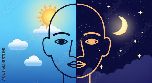 Split face illustration contrasting day and night symbolizing dual identity and mood