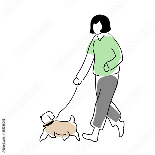 犬と散歩中の女性の線画イラスト　色付き