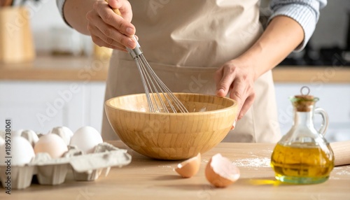 Person's hands whisking fresh ingredients in a wooden bowl on a kitchen counter, surrounded by eggs and oil, for a homemade recipe