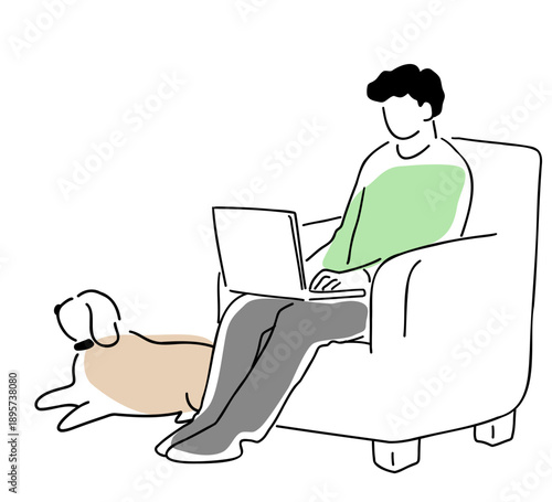ソファに座ってパソコンをする男性のそばに犬が座る線画イラスト　色付き