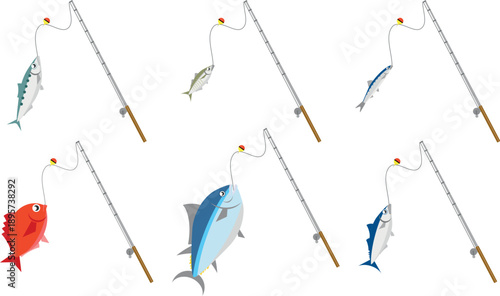 Six fishing rods with different types of fish caught on their lines, against a white background.