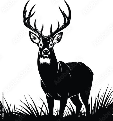 Majestic Whitetail Buck Deer Stencil Vector Illustration Standing in Tall Grass, Minimalist Black and White Wildlife Silhouette for Hunting Lodge Decor