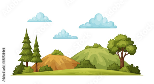 Scenic Landscape with Hills, Trees, and Clouds