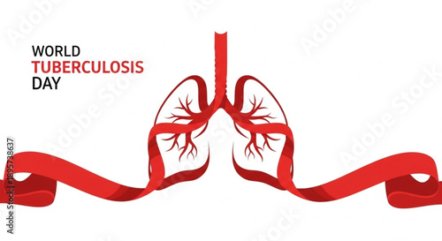 World TB Day Vector Illustration of Human Lungs with Red Awareness Ribbon for Tuberculosis Campaign, Healthcare Infographic, and Medical Awareness