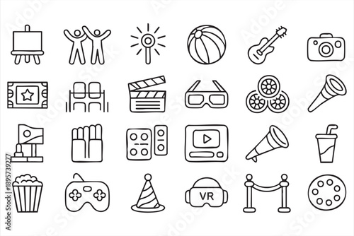 Black and White Media Line Icons for Cinema and Fun Activities