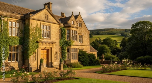 Exterior view of a grand country house in the Cotswolds.