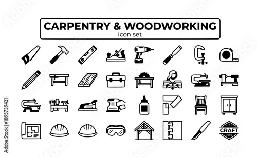Carpentry Woodworking Carpenter Tools Wood Construction Furniture Craft Building Trade Joinery Workshop Timber Craftsman Woodwork Vector Icon Set - Wood Craft