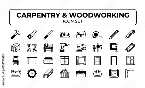 Carpentry Woodworking Carpenter Tools Wood Construction Furniture Craft Building Trade Joinery Workshop Timber Craftsman Woodwork Vector Icon Set - Wood Craft