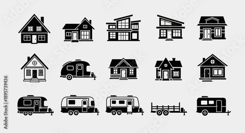 Houses and RVs Black and White Icons