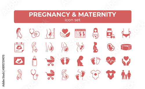 Pregnancy Maternity Prenatal Expecting Mother Baby Maternal Health Care Birth Trimester Fetal Development Obstetrics Childbirth Newborn Vector Icon Set - Maternal Care