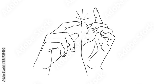 Simple line drawing of two hands with fingers touching and a sparkle between them.