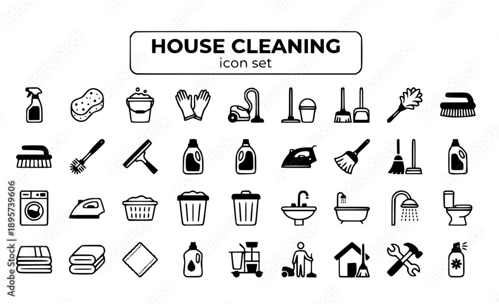 Fototapeta premium House Cleaning Service Housekeeping Maid Vacuum Mop Sanitize Home Maintenance Hygiene Domestic Janitorial Tidy Clean Vector Icon Set - Cleaning Service
