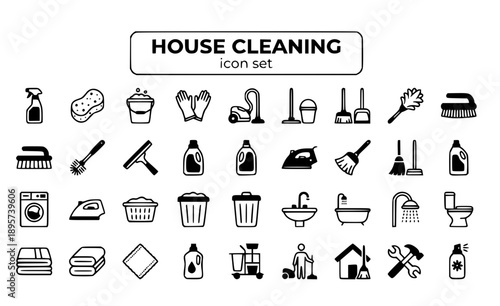 House Cleaning Service Housekeeping Maid Vacuum Mop Sanitize Home Maintenance Hygiene Domestic Janitorial Tidy Clean Vector Icon Set - Cleaning Service