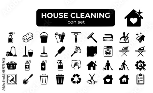 House Cleaning Service Housekeeping Maid Vacuum Mop Sanitize Home Maintenance Hygiene Domestic Janitorial Tidy Clean Vector Icon Set - Cleaning Service