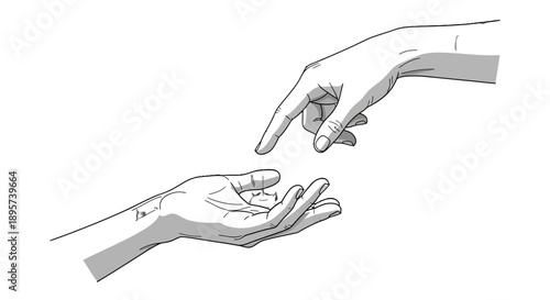 Two hands exchanging a small plant with roots.