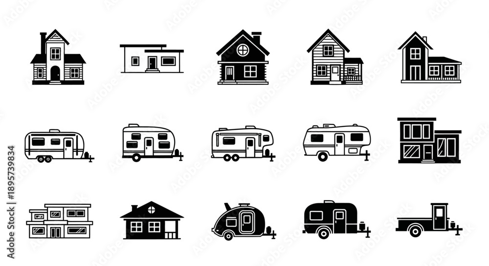 Fototapeta premium Houses and RVs Black and White Icon Set