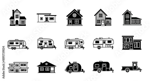 Houses and RVs Black and White Icon Set