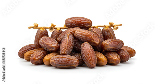 A pile of brown dates with stems on a white background