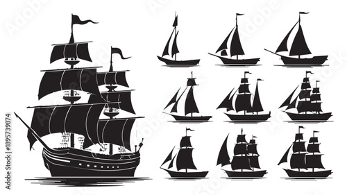 A detailed black and white line drawing of various sailboats and sailing ships in silhouette