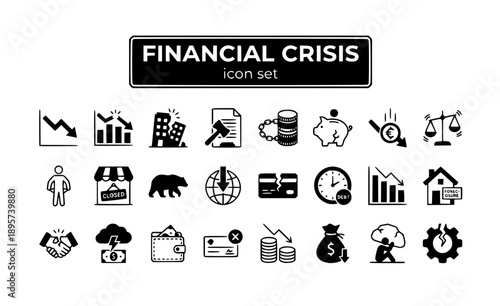 Financial Crisis Economic Recession Market Crash Bankruptcy Debt Loss Downturn Decline Emergency Budget Collapse Distress Recovery Vector Icon Set - Economic Crisis