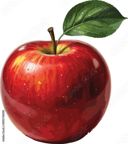 Shiny Red Apple Illustration with Green Leaf on White Background, Realistic Fruit Vector for Healthy Dieting, Organic Food, and Nutrition,