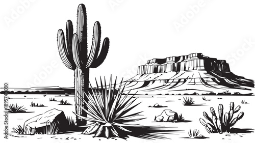 A Detailed Black and White Illustration of a Desert Landscape with Cacti and Rock Formations