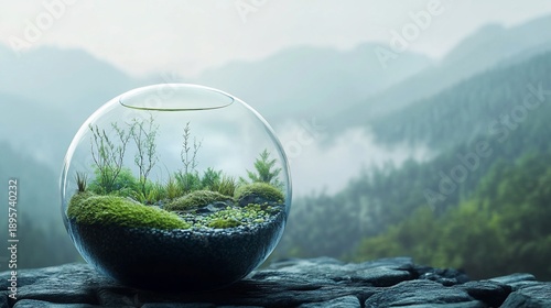 Glass terrarium, plants, mountains, fog, serenity, nature, zen, peace, outdoors, garden