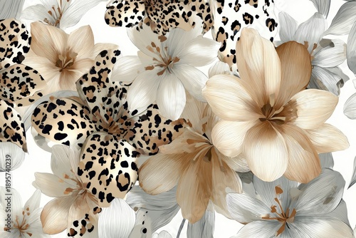 Floral composition with leopard print elements. Light flowers on a white background