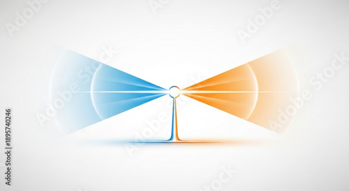 Balanced choice concept with blue and orange light beams converging at a single point on a white background symbolizing decision making and harmony