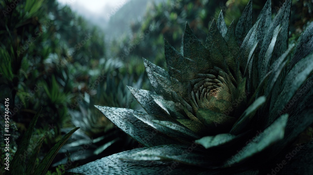 Fototapeta premium Large plant with thick leaves grows in dense green forest during early morning light