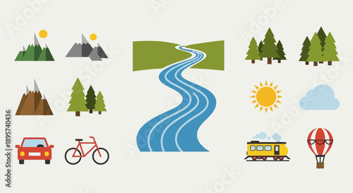 Cartoon landscape with river and mountains