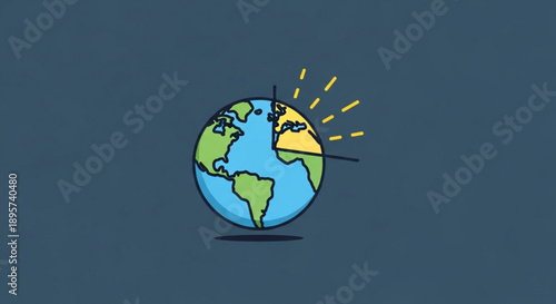 Globe illustration with sunlight and shadow on blue background symbolizing global unity and environmental awareness