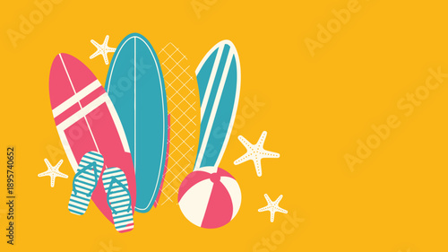 Summer beach sports gear with colorful surfboards, flip flops, a beach ball, and starfish on bright orange