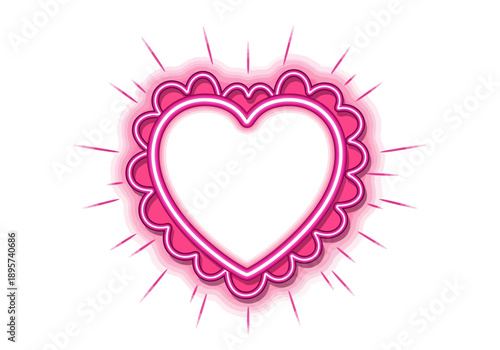 A neon pink heart symbol radiates from a decorative frame in a vibrant illustration