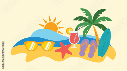 Summer beach vacation background with tropical accessories, bright holiday travel illustration