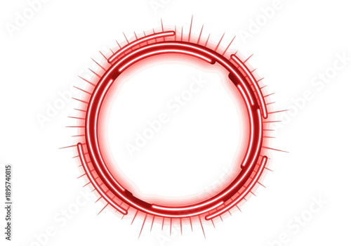 A futuristic red circular frame with neon lights and spikes on a white background