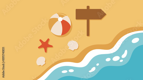Summer beach vacation essentials flat illustration, ocean waves, sand, beach ball, starfish, seashells