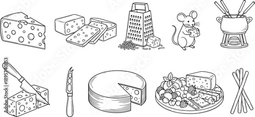 Black and white vector line art set of various cheese types including swiss blocks slices a grater mouse fondue pot and gourmet platter