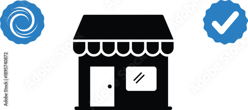 Black storefront icon with striped awning, swirl and checkmark symbols, representing verified business, retail shop, and trusted service