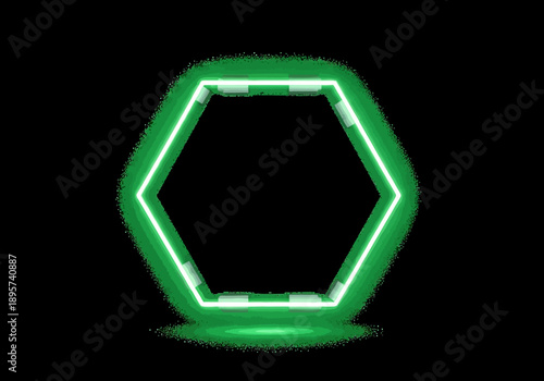 A glowing green hexagonal neon sign is displayed against a dark background