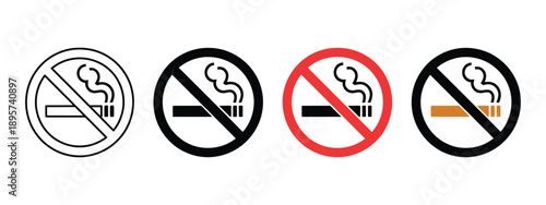 No smoke icon set vector, stop smoking symbol, forbidden cigarette, ban tobacco, flat design sign.